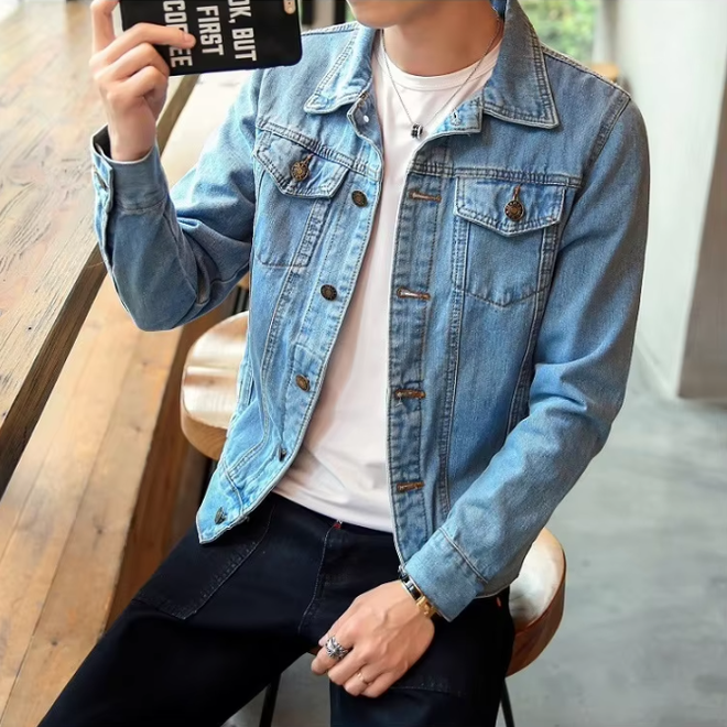 Wholesale 2 Pcs of Men Casual Solid Color Lapel Single Breasted Denim Jacket
