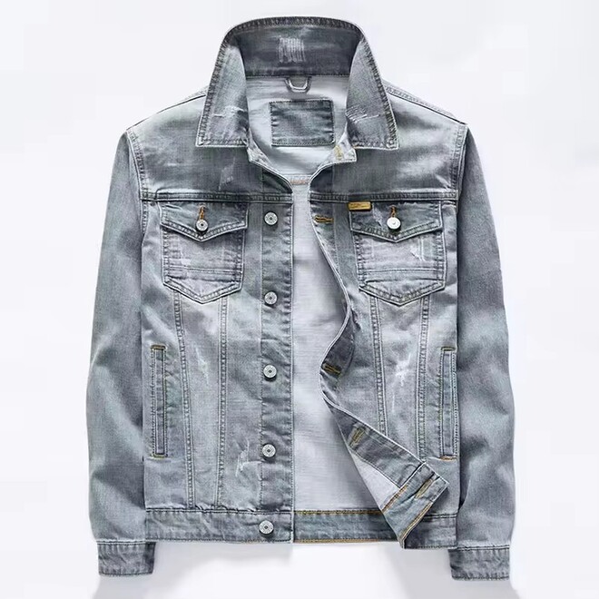 Mens Slim Fit Blue Ripped Edging Denim Jacket