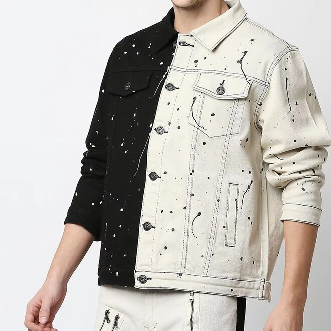 Fashionable Mens Patchwork Dots Pattern Denim Jacket for Autumn