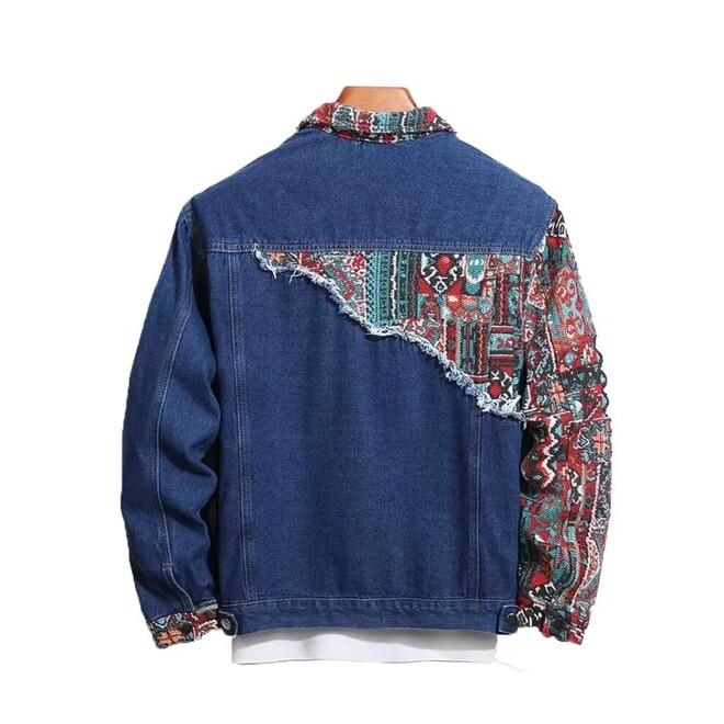Autumn Vintage Ethnic Style Patchwork Denim Jacket With Different Sleeve Stitching Wrap for Men
