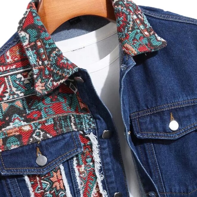 Autumn Vintage Ethnic Style Patchwork Denim Jacket With Different Sleeve Stitching Wrap for Men