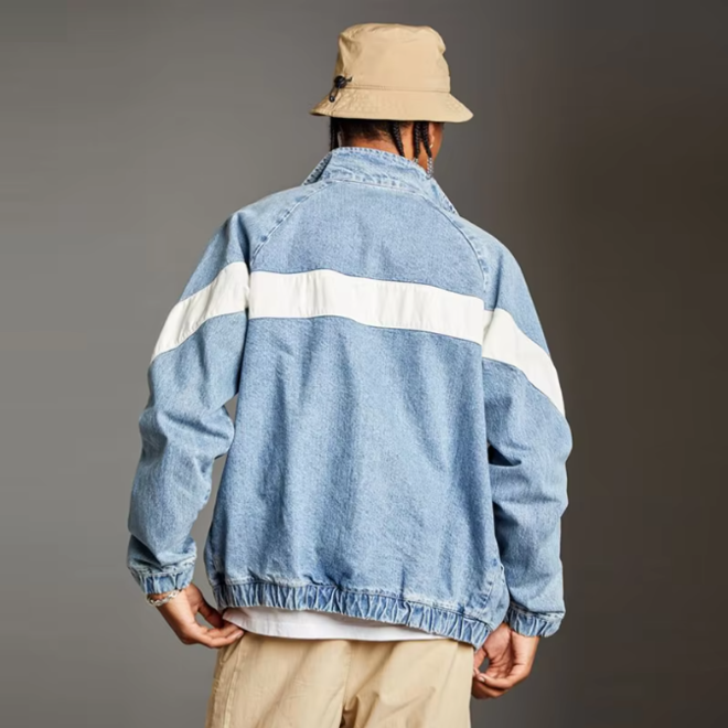 Stand Up Collar Men Baggy With White V Shape Panel Blue Cotton Track Denim Jacket