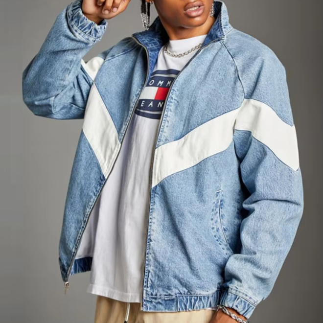 Stand Up Collar Men Baggy With White V Shape Panel Blue Cotton Track Denim Jacket