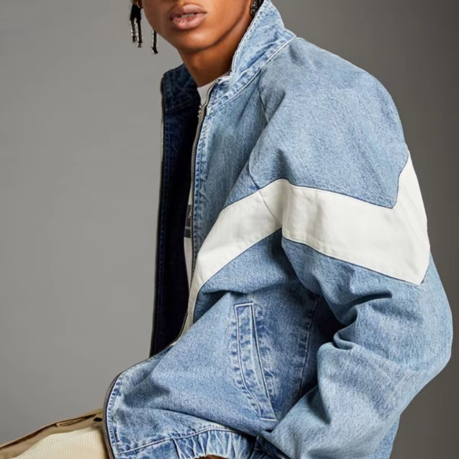 Stand Up Collar Men Baggy With White V Shape Panel Blue Cotton Track Denim Jacket