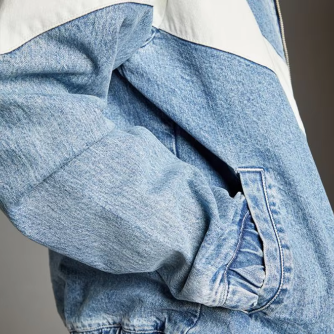 Stand Up Collar Men Baggy With White V Shape Panel Blue Cotton Track Denim Jacket