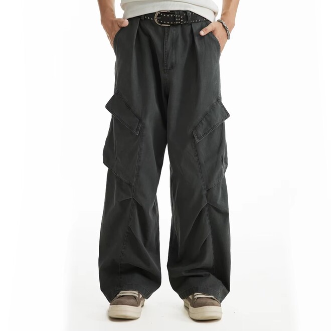 Wholesale 2 Prs of Mens Autumn Trendy Parachute Wide Leg Pleated  Cargo Pants