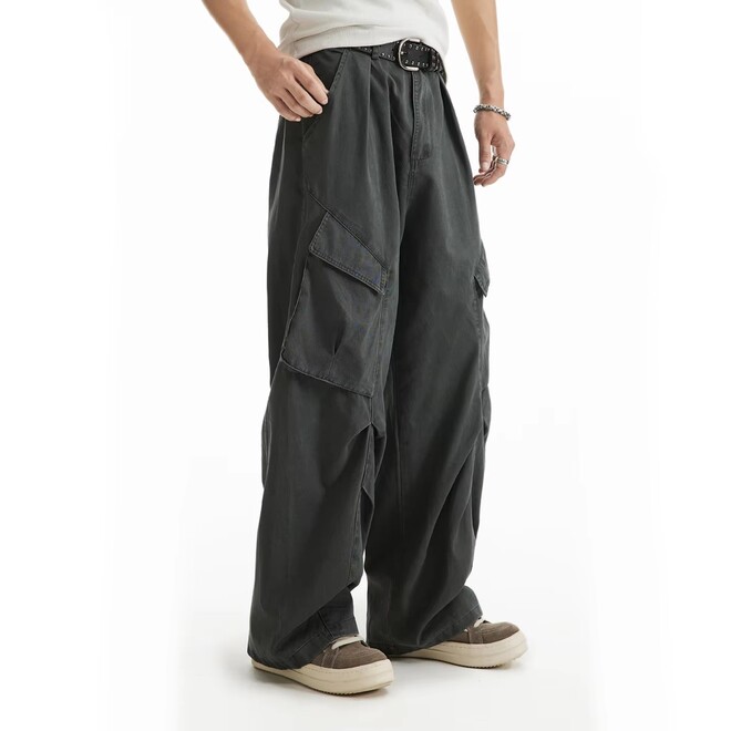 Wholesale 2 Prs of Mens Autumn Trendy Parachute Wide Leg Pleated  Cargo Pants