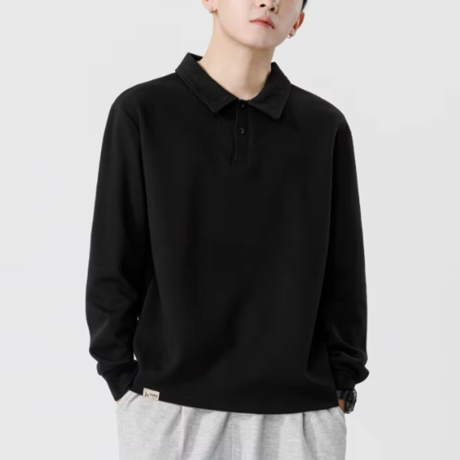 Mens Trendy Solid Korean Style Long Sleeve Polo Shirts
