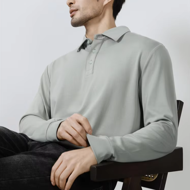 High Bottom Long Sleeved Cotton Polo Shirts for Men