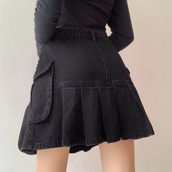 Black Denim High Waist Pleated Skirt